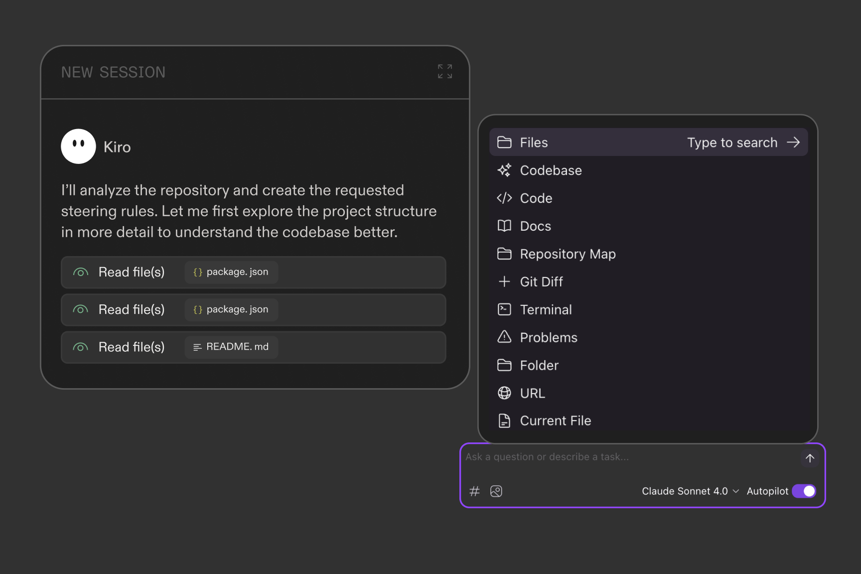 Kiro reads files and displays tools for exploring code.