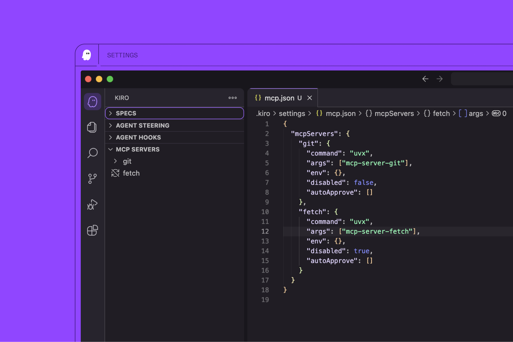 Kiro IDE displays MCP server settings with git and fetch commands.
