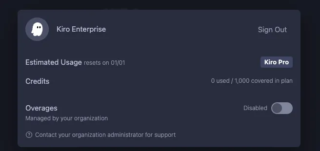 Kiro plan showing active credits