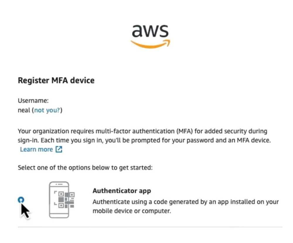 MFA setup for user authentication