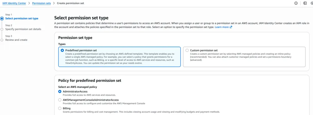 Permission sets menu in IAM Identity Center