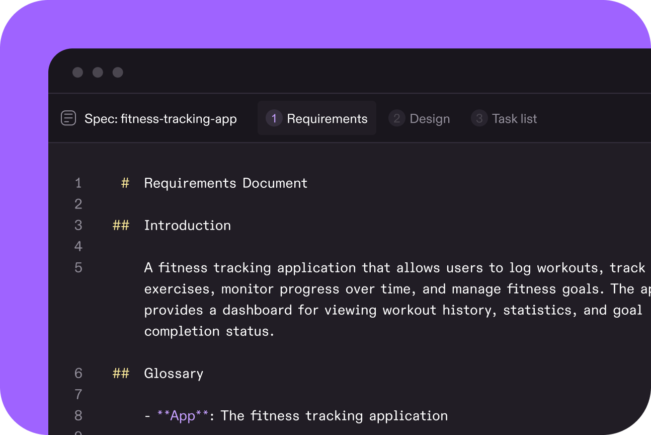 Requirements Document Introduction A fitness tracking application that allows users to log workouts, track exercises, monitor progress over time, and manage fitness goals. The app provides a dashboard for viewing workout history, statistics, and goal completion status. Glossary - **App**: The fitness tracking application