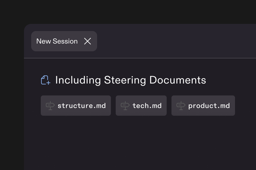 Kiro agent steering includes product, structure, and tech documents.
