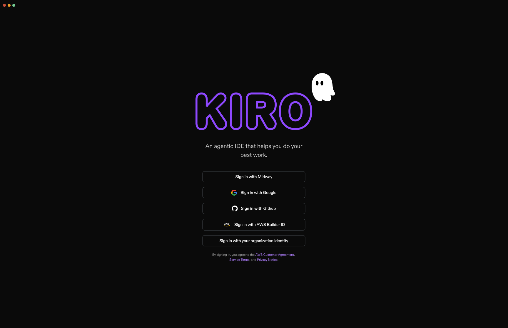 Sign in screen for Kiro