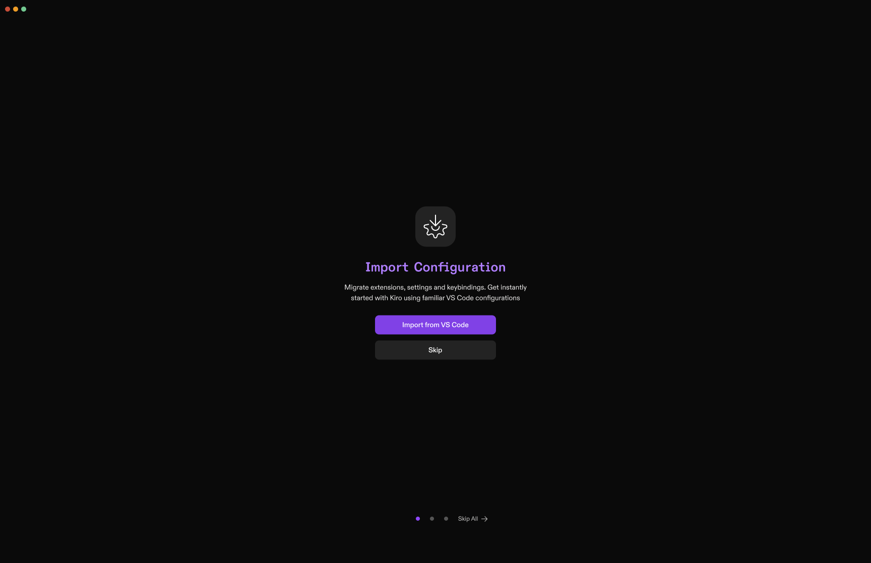 Import configuration onboarding step in Kiro
