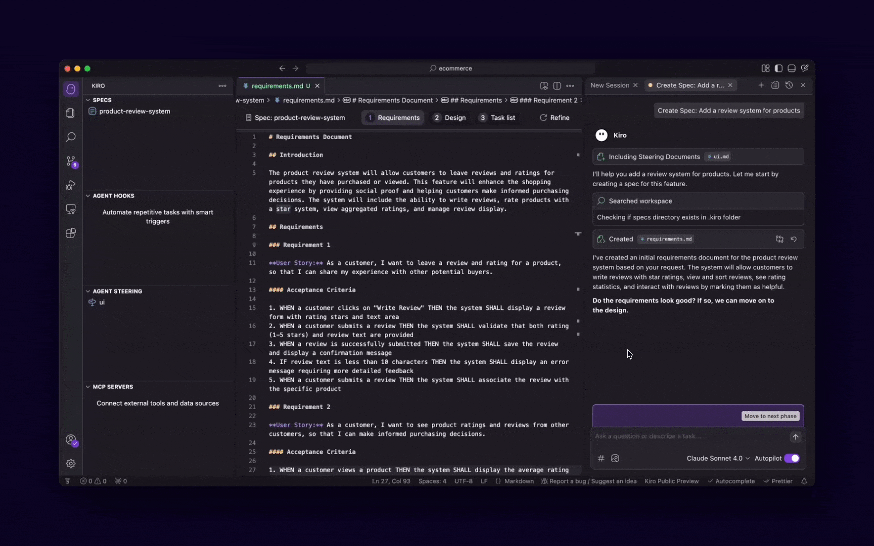 Design documentation in Kiro specs